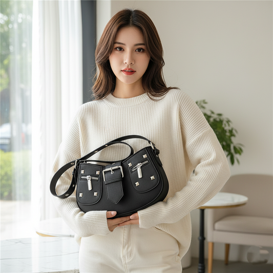 Front Studded & Buckle Decor Hobo Bag