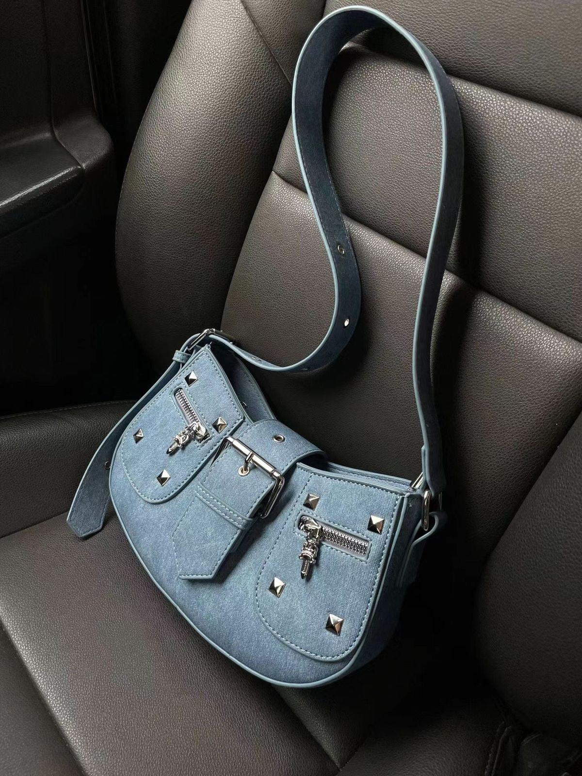 Front Studded & Buckle Decor Hobo Bag