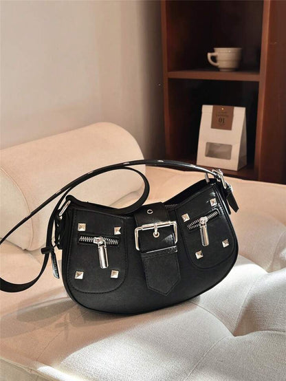 Front Studded & Buckle Decor Hobo Bag