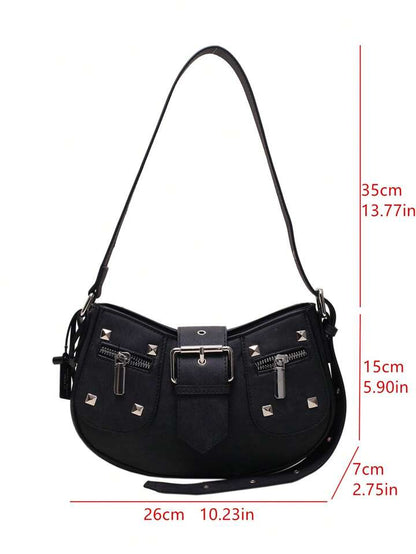 Front Studded & Buckle Decor Hobo Bag