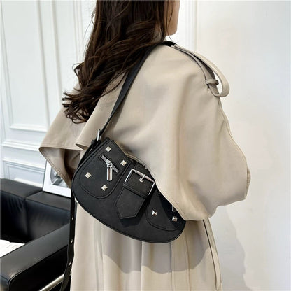 Front Studded & Buckle Decor Hobo Bag