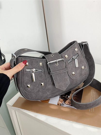 Front Studded & Buckle Decor Hobo Bag