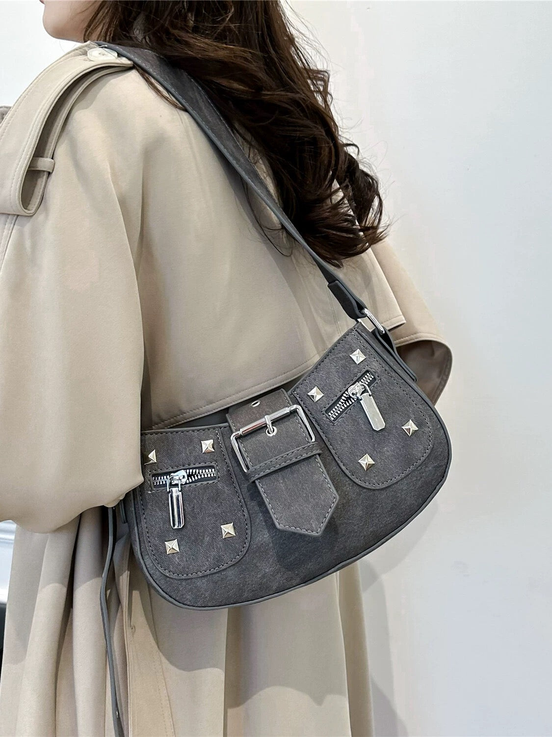 Front Studded & Buckle Decor Hobo Bag