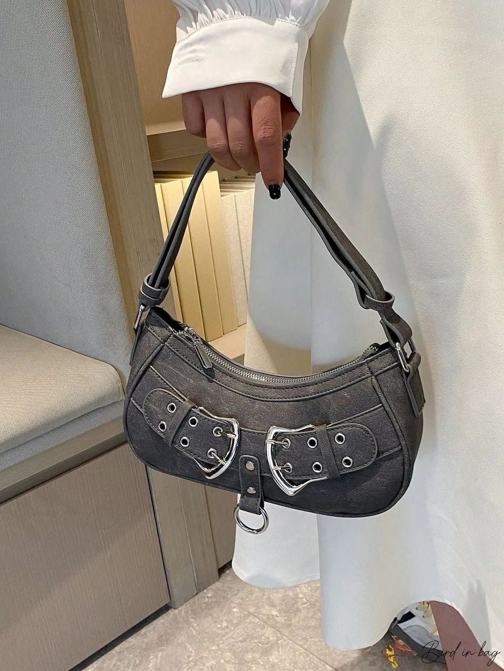 Lock Detailing Denim Hobo Crossbody Bag