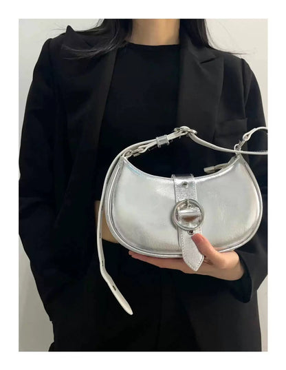 Casual Half Moon Shaped Silver Lock Decor Hobo Crossbody Bag